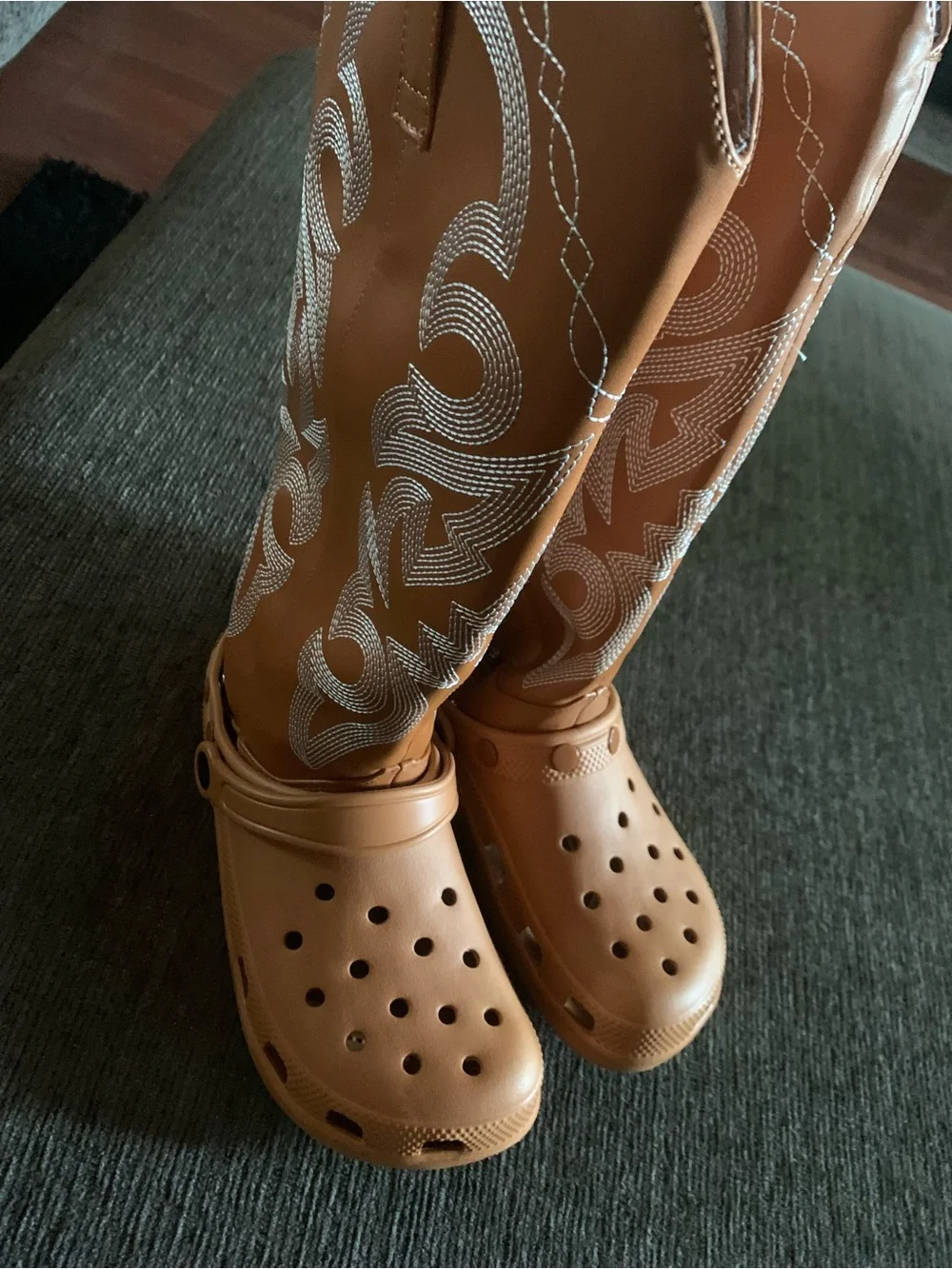 Women’s Tan Western Embroidered Knee-High Boots croc style.